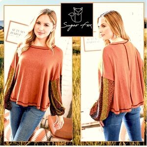 Sugarfox,Rust Floral Boho Stripe Bubble Sleeve Hacci Top, Stretchy, EUC, Size L